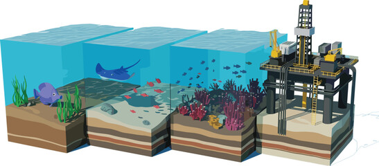 3D isometric diagram of an offshore oil rig platform with cross-section of ocean floor layers marine life coral reefs and deep sea drilling. © Sukhi