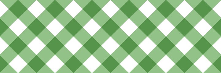 Seamless green and white diagonal gingham pattern. Classic checkered plaid background for picnic, kitchen, and spring textiles.