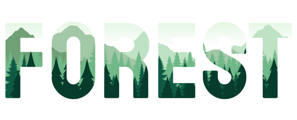 Forest typography with mountain landscape text effect vector illustration isolated on transparent background, png © Arun