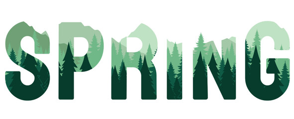 Spring forest typography with mountain landscape text effect vector illustration isolated on transparent background, png © Arun