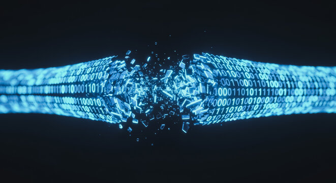 Binary code stream breaking apart in a digital explosion, representing data loss, cyber security threat, corruption, or a system crash in modern technology.