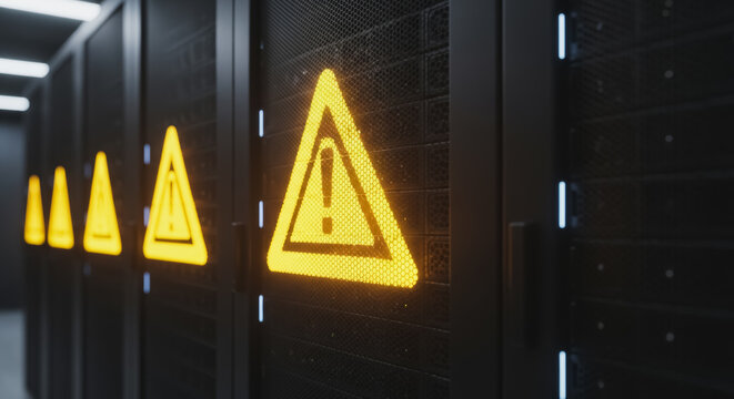 Glowing yellow warning sign on a server rack in a dark data center, indicating system failure or critical alert in modern IT infrastructure.