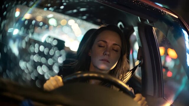 Sekundenschlaf, v&ouml;llig &uuml;berm&uuml;dete Frau f&auml;hrt Nachts mit dem Auto, Lichter der anderen Fahrzeuge blenden sie, Generative AI