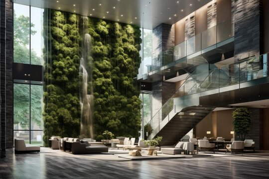 Modern hotel lobby featuring a living green wall, an indoor waterfall, and elegant seating areas