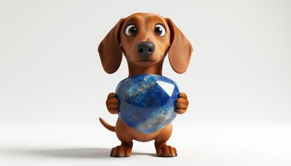A cute dog holds a large blue stone in its paws. The dog looks curiously at the camera while showcasing the blue stone it proudly displays.
