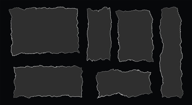 Vertical glass effect torn paper strips. Ripped sheet edges and rough scrap pieces. Grunge grey cardboard texture on black. Vector isolated banner set.
