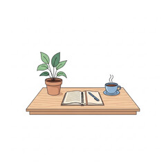 Minimalist Vector Workspace Illustration with Desk, Plant, Notebook, and Tea Cup in Modern Flat Design
