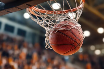Basketball Scoring in Net with Orange and Brown Blurred Arena Background Spectators Lit by Warm Light Achieving Point in Sports Competition