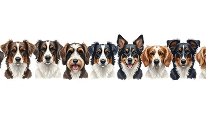 A row of adorable basset hounds with distinct facial expressions