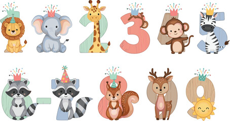 Cute watercolor birthday animal numbers set with lion elephant giraffe monkey zebra and woodland creatures for baby milestone cards and nursery birthday decor. © Sukhi