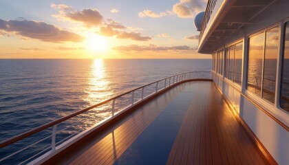 The sun sets over the ocean, creating a vibrant scene on the boat. The wooden deck of the boat reflects the colors of the sunset and the tranquil sea.