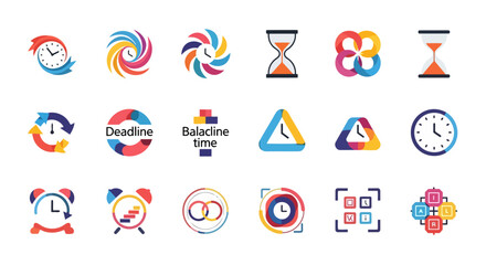 Modern colorful icon collection exploring the concept of time through unique abstract clock-inspired forms. This 12-icon set avoids traditional clock faces and uses flat vibrant colors and clean 