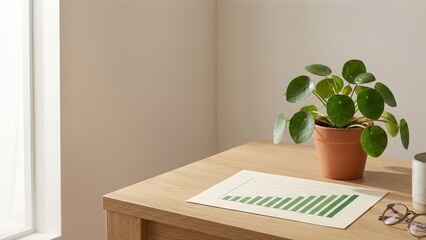 Green Potted Plant on Office Desk Next to Printed Financial Growth Chart for Business Planning
