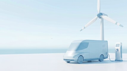 Clean Delivery Van Charging at Wind Turbine for Renewable Energy Transportation Concept