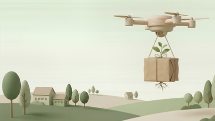 Eco-Friendly Drone Delivery Concept with Wooden Package and Growing Plant Seedling