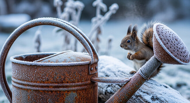 A Charming Red Squirrel With A Fluffy Tail, Standing Beside An Old, Rustic Watering Can, Both Beautifully Covered In Sparkling White Frost On A Cold Winter Morning