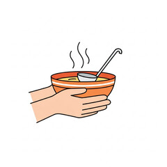 Minimalist Vector Illustration of Hands Sharing Steaming Soup Bowl in Friendly Flat Design
