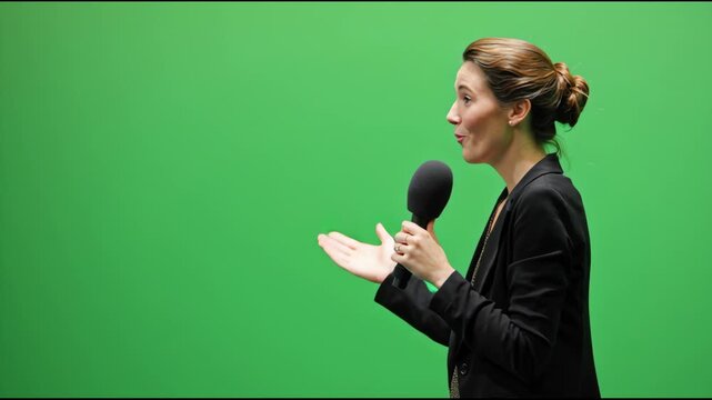 Female host in formal dress with microphone speaking in front of green screen, blank side for presentation and news video resource