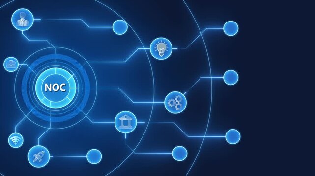 Network Operations Center N O C Monitoring System Concept with Various and Connections on Dark Blue Background