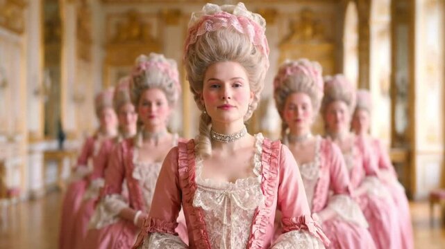 Woman wearing an elaborate pink rococo gown and white wig stands surrounded by identical figures in a grand palace hallway illustrating aristocratic society and historical court fashion