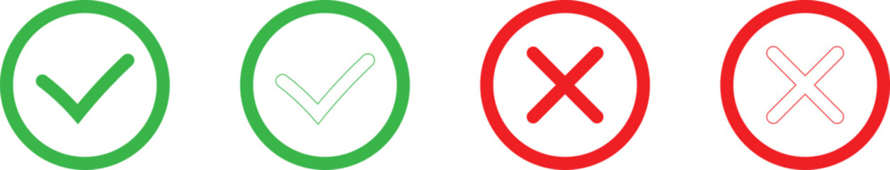 Obraz premium Professional flat tick and cross mark icon collection with solid and outline variations in red and green colors for general business assessment