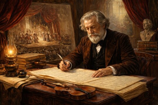 Composer writing music in study.
