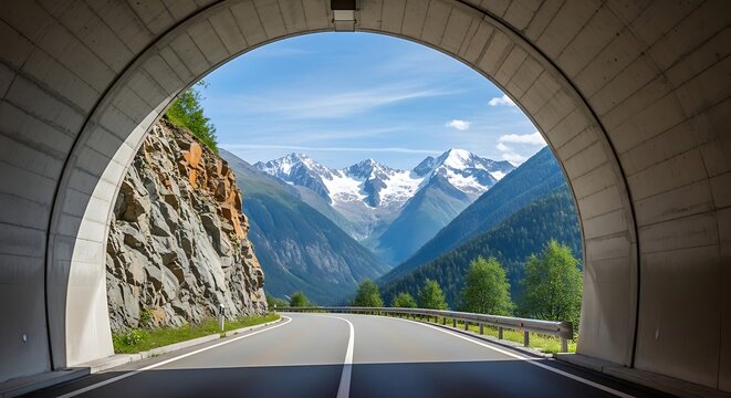 Asphalt road leading through tunnel to snow capped mountains and trees