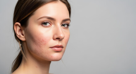 Naklejka premium Close-up of a Caucasian woman with acne showing a neutral expression against a minimalist background
