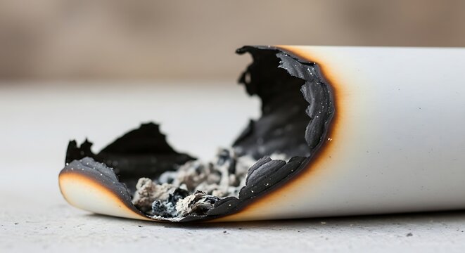 Close up of a partially burned cigarette with ash and char detail