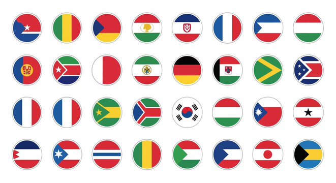 A grid of 30 circular international flags displayed on a plain white background from a straight-on viewpoint