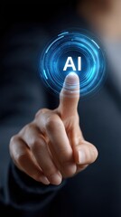 Business hand touching glowing AI interface button, symbolizing artificial intelligence, digital transformation, automation and future technology. Vertical illustration