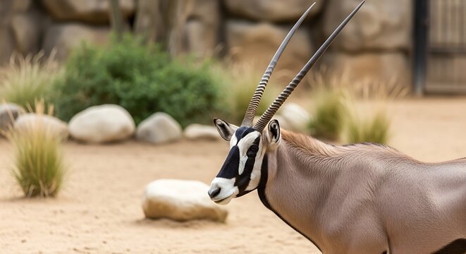 Close up of an oryx antelope with large horns against a blurred background