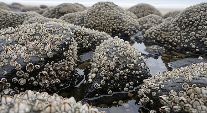 Close up of barnacles clustered on rocks at the beach during daytime
