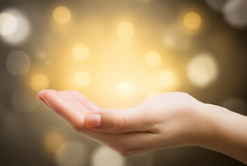  hand with open palm on a bokeh background, empty space for text or product, with a light glowing effect. concept of giving, magic touch, and healing power.