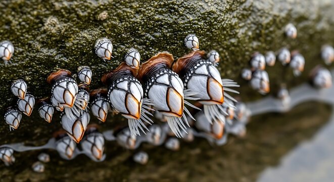 Close up of numerous goose barnacles attached to a weathered surface