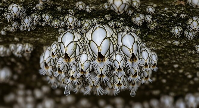 Close up of numerous goose barnacles clustered on a rough surface