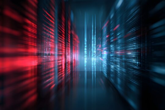 Server room interior perspective with motion blur effect featuring red and blue glowing server racks in data center representing cloud computing storage and high performance network hardware