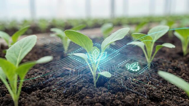 Young plant sensor ai agriculture technology monitoring seedling growth soil greenhouse smart soil sensors digital overlay data driven growth