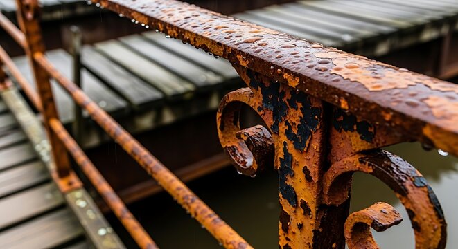Close up of weathered rusty metal railing with wooden deck background