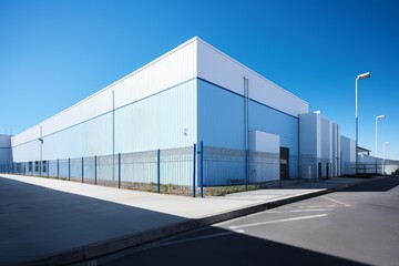 Obraz premium Modern blue and white industrial warehouse building with a secure fence and clear sky