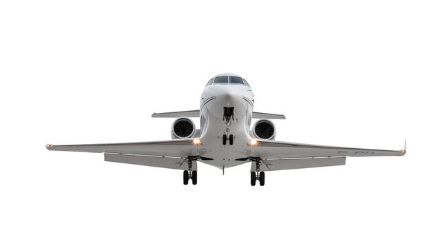 White executive private jet preparing for landing or takeoff on transparent background