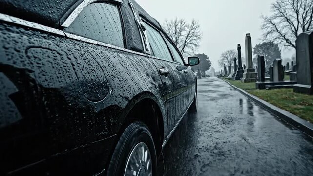 A black hearse parked on a wet road at a cemetery