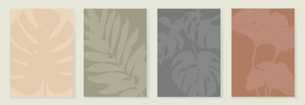 Tropical abstract wall art vector set with beige taupe backgrounds, gray textures, and warm terracotta accents. Neutral botanical design for posters, prints, home decor, branding.