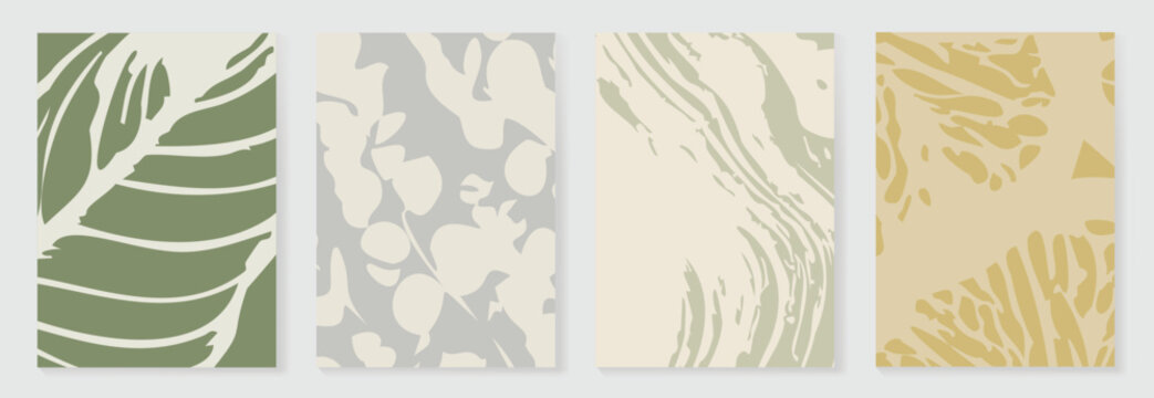 Tropical abstract wall art vector set with sage foliage, cream ivory textures, and soft golden accents. Minimal botanical design for posters, prints, decor, branding.