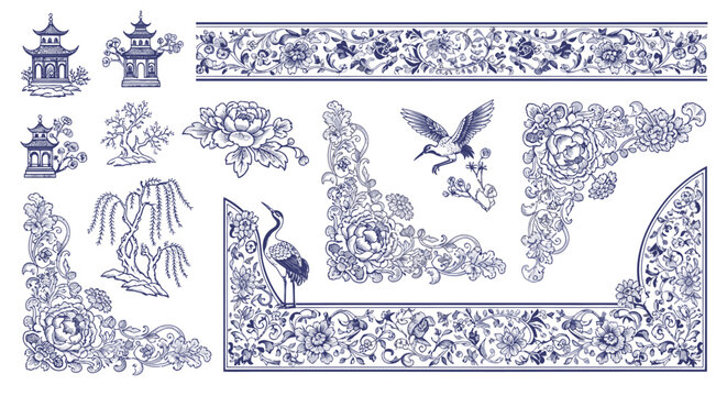 Elegant Chinoiserie Borders and Blue Porcelain Vector Frames