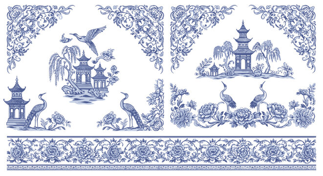 Elegant Chinoiserie Borders and Blue Porcelain Vector Frames