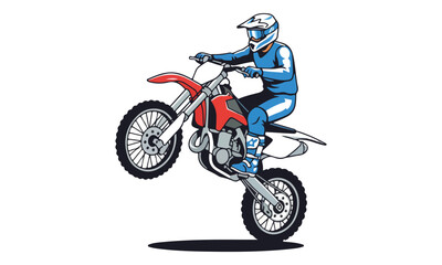 Motocross Rider Doing Wheelie on Dirt Bike Isolated White Background
