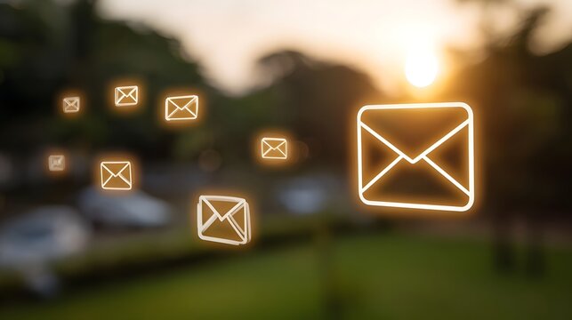 Glowing digital email icons float against a soft blurred sunset background symbolizing modern communication