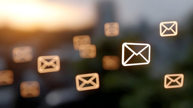 Abstract glowing email icons symbolizing digital communication online connection and important notifications in a warm soft atmosphere