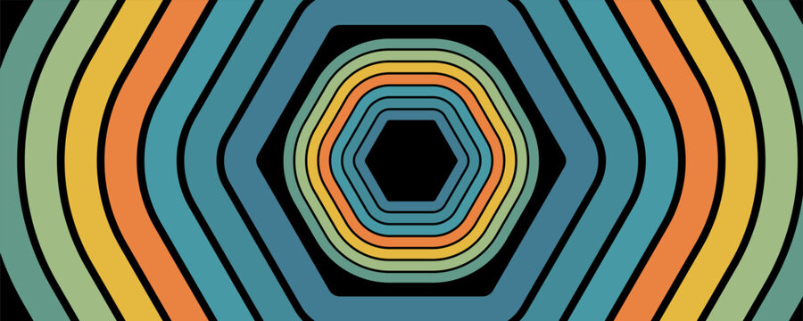 Abstract colorful 70s background vector. Vintage retro wallpaper with rainbow stripes and wavy lines.